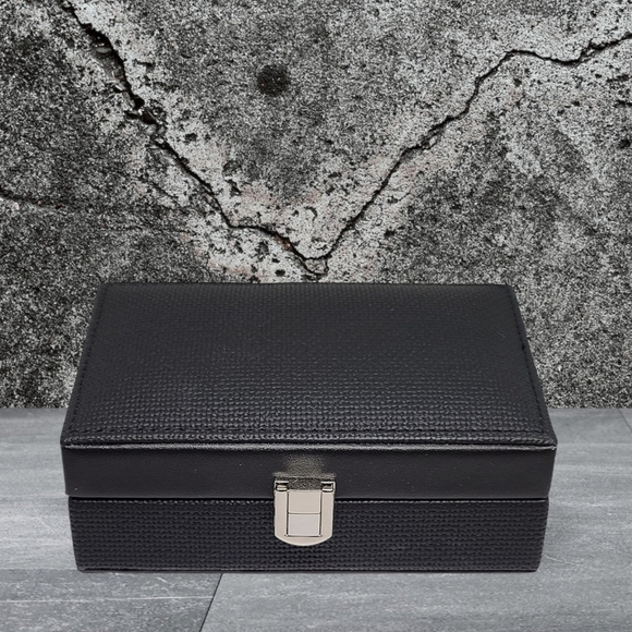 NEW Black Woven Embossed Faux Leather Jewelry Box with Mirror - Picture 2 of 9